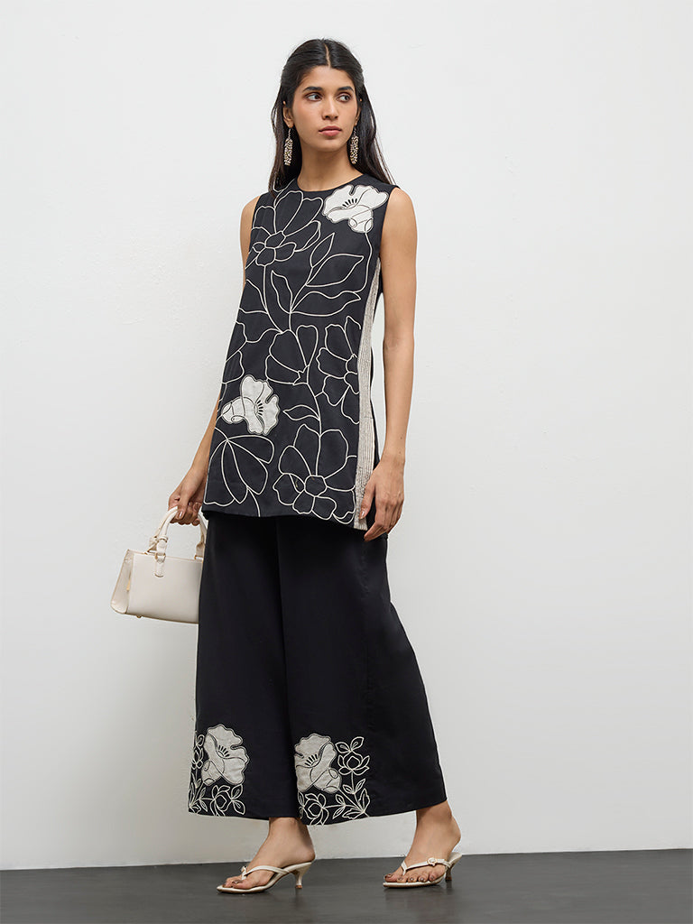 Utsa Black Floral Printed Cotton-Blend Tunic