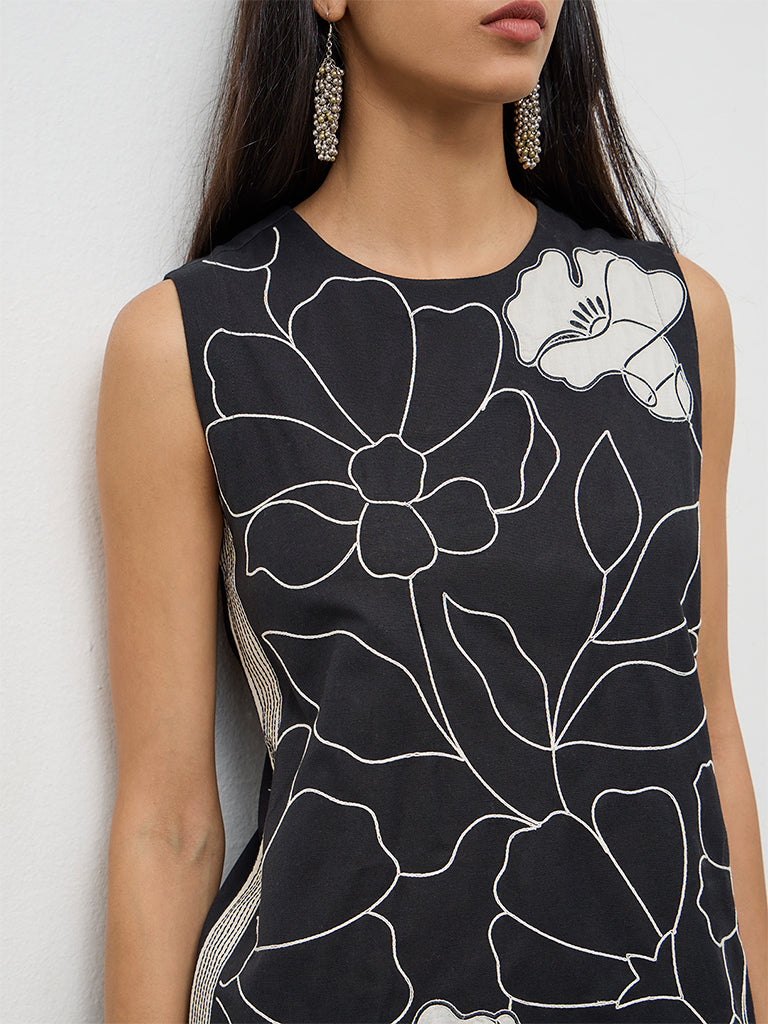 Utsa Black Floral Printed Cotton-Blend Tunic