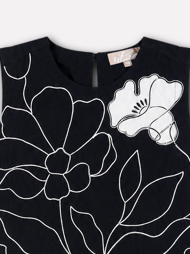 Utsa Black Floral Printed Cotton-Blend Tunic