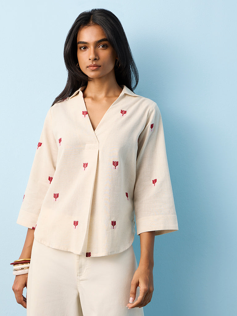 Utsa Beige Embroidered Cotton-Blend Ethnic Top