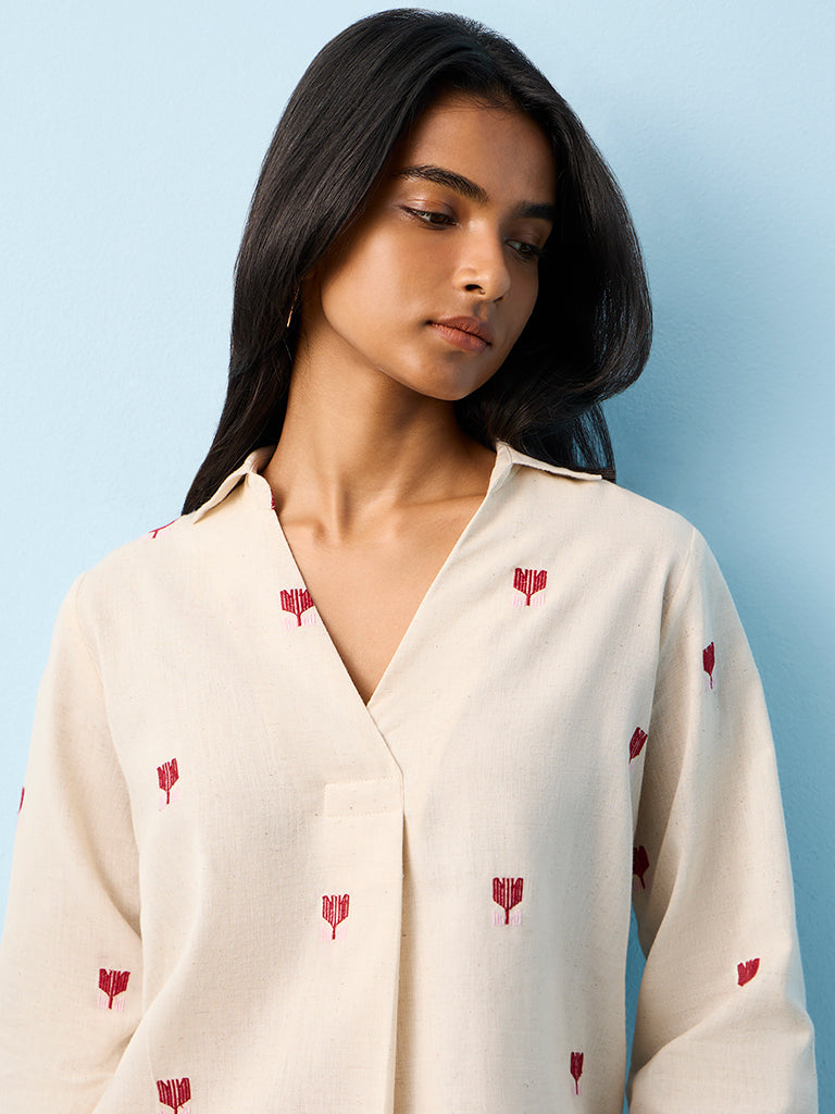 Utsa Beige Embroidered Cotton-Blend Ethnic Top