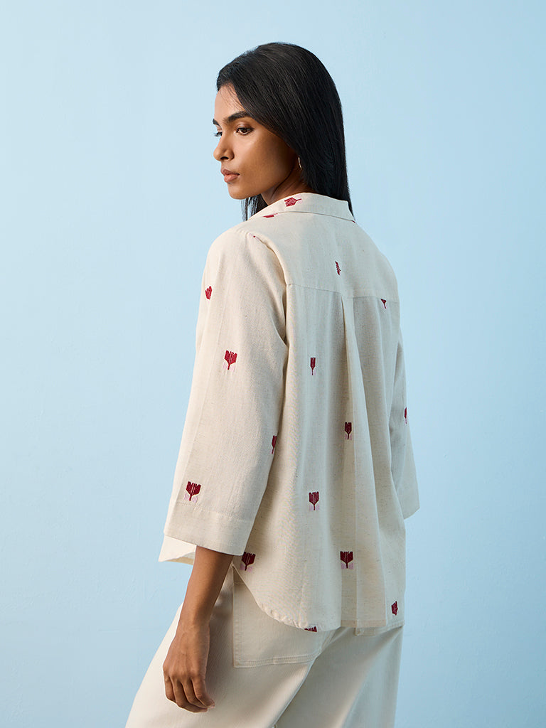 Utsa Beige Embroidered Cotton-Blend Ethnic Top