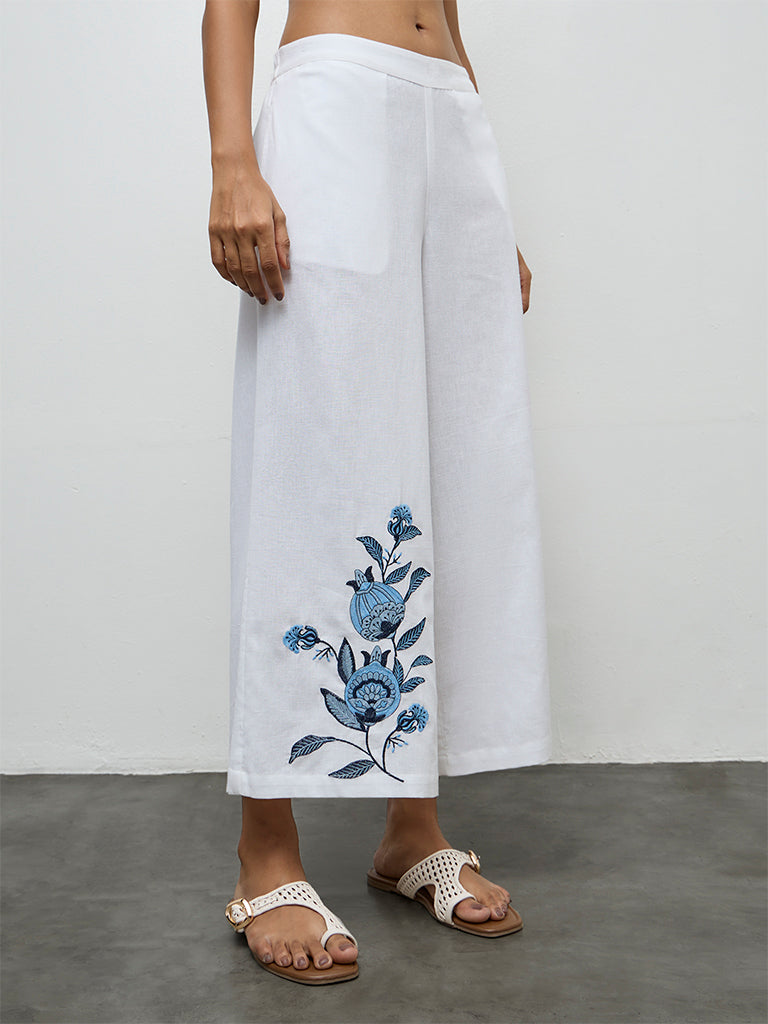 Utsa White Floral Embroidered Cotton-Blend Pants