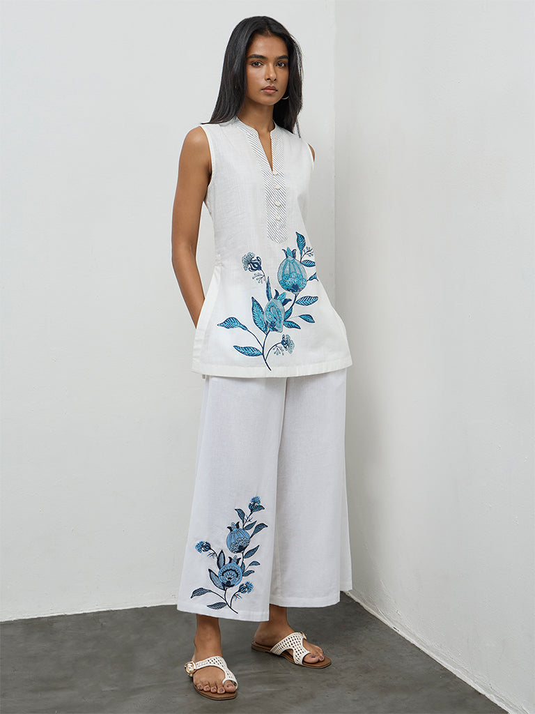 Utsa White Floral Embroidered Cotton-Blend Pants