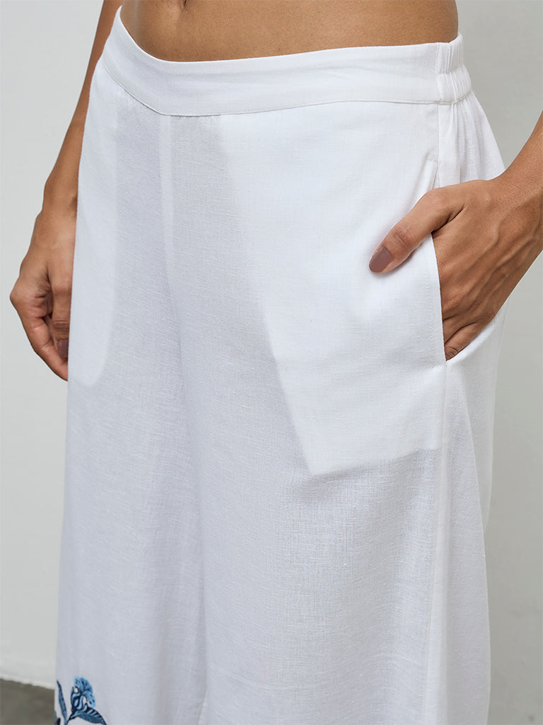 Utsa White Floral Embroidered Cotton-Blend Pants