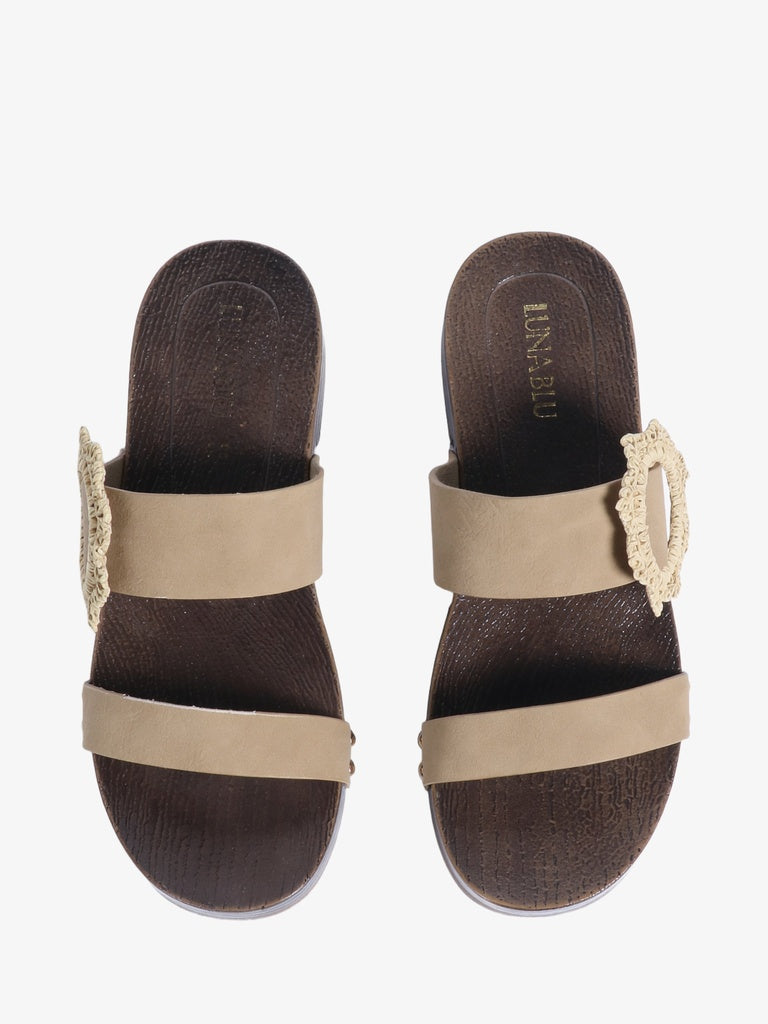 LUNA BLU Raffia Beige Two-Strap Slides
