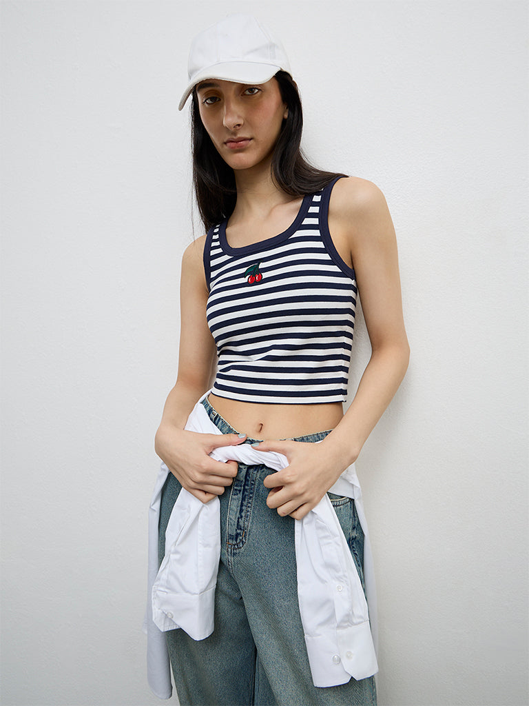 Nuon Navy Striped Cotton-Blend Tank Top