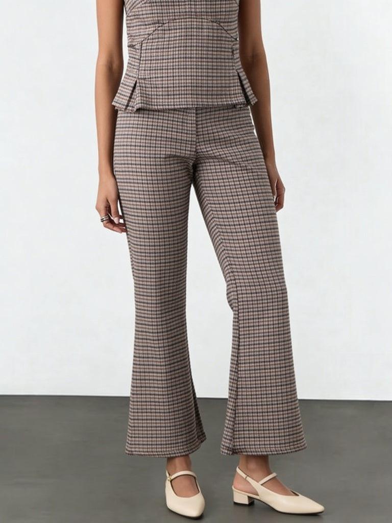 Wardrobe Brown Houndstooth Check Flared Trousers