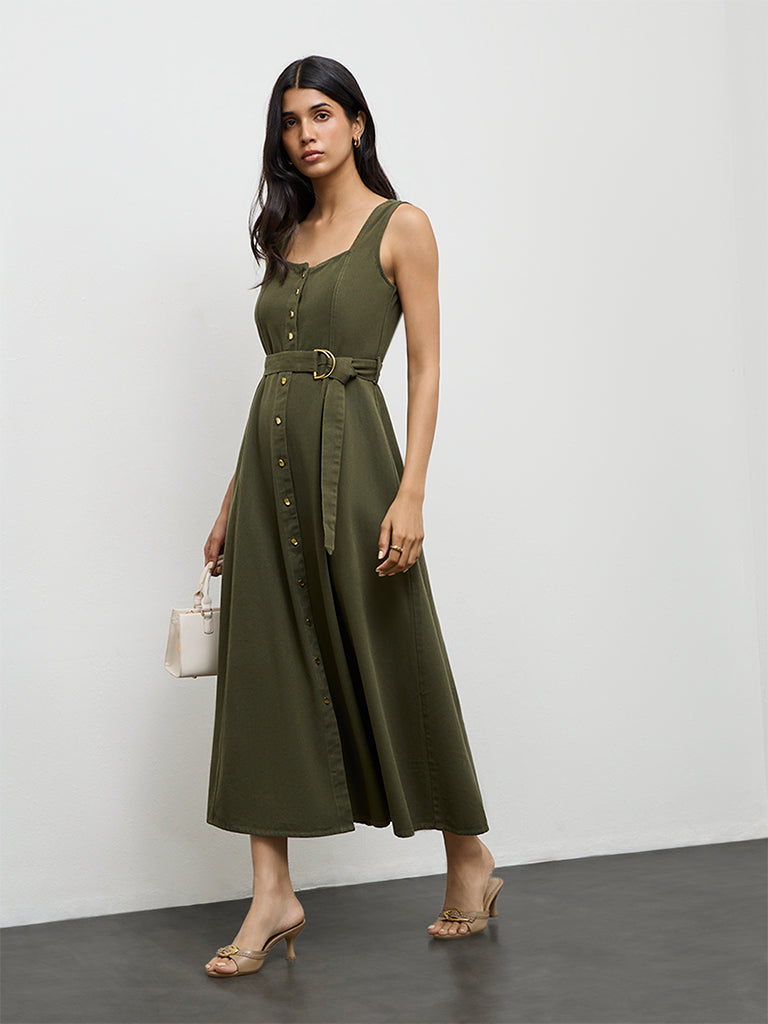 LOV Olive Solid Denim A-Line Dress