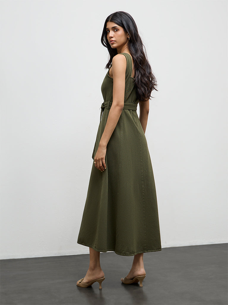 LOV Olive Solid Denim A-Line Dress