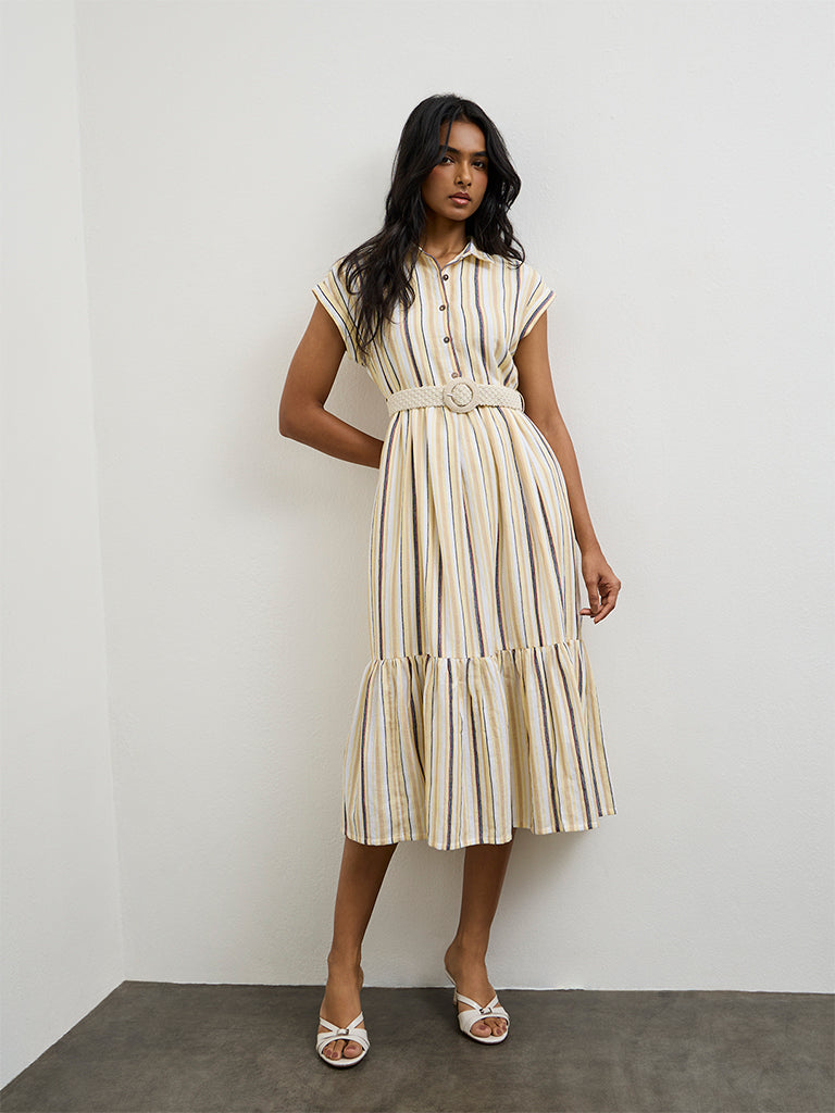 Buy LOV Light Yellow Striped Linen-Blend A-Line Dress from Westside Buy LOV Light Yellow Striped Linen-Blend A-Line Dress from Westside