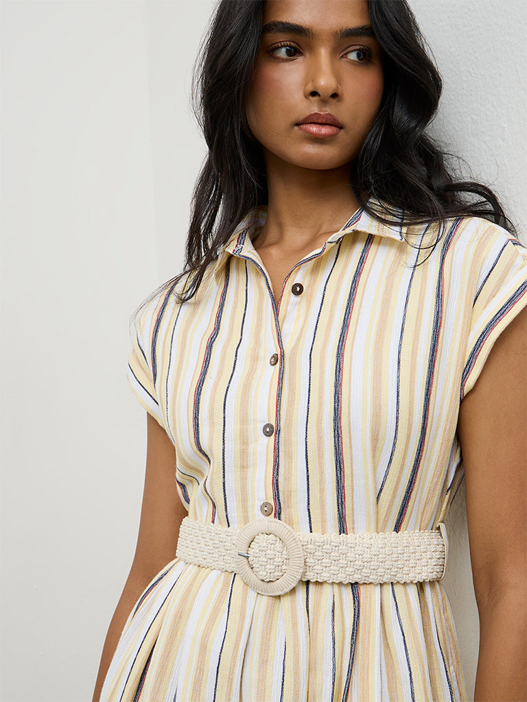 Buy LOV Light Yellow Striped Linen-Blend A-Line Dress from Westside