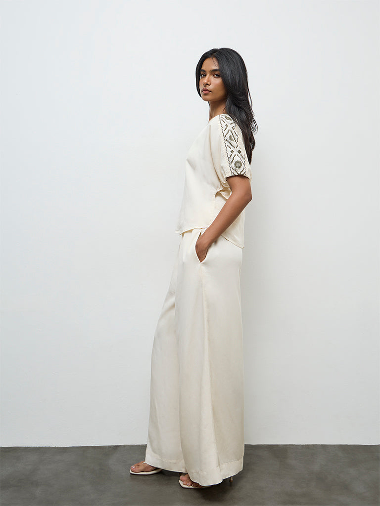 LOV Cream Solid High-Rise Pants