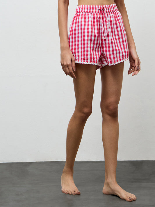 Superstar Pink Checkered High-Rise Cotton Shorts