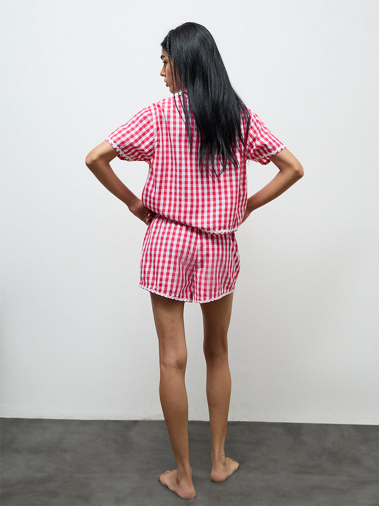 Superstar Pink Checkered High-Rise Cotton Shorts