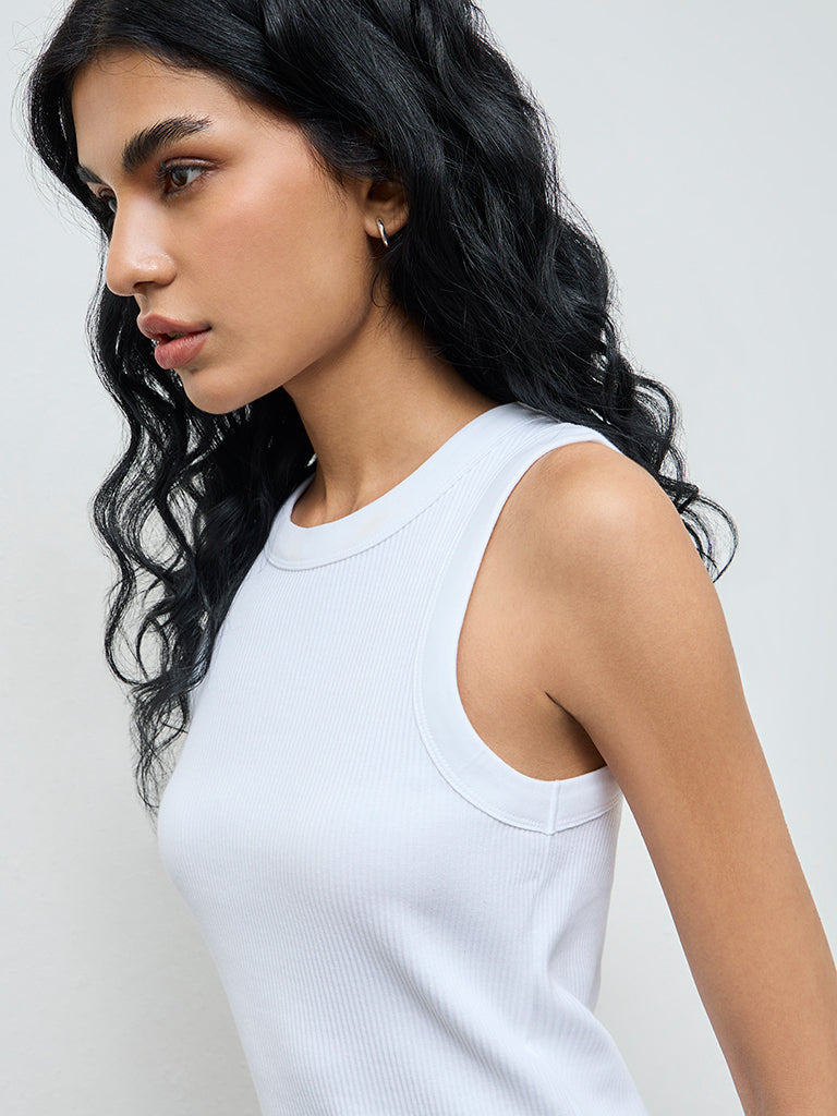 Superstar White Ribbed-Textured Cotton-Blend Tank Top