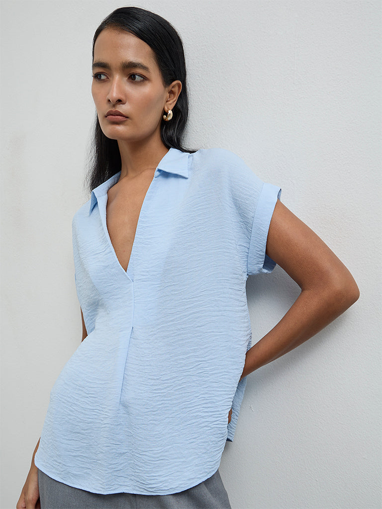 Wardrobe Light Blue Crinkle-Textured Blouse