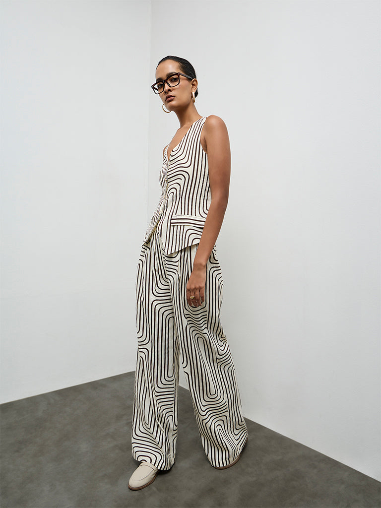 Wardrobe Ivory Printed High-Rise Cotton-Blend Trousers