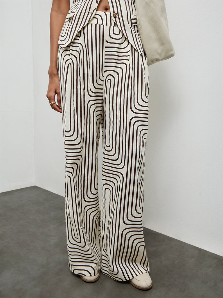 Wardrobe Ivory Printed High-Rise Cotton-Blend Trousers