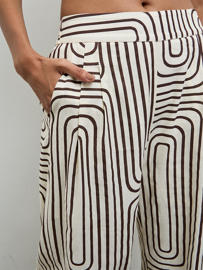 Wardrobe Ivory Printed High-Rise Cotton-Blend Trousers