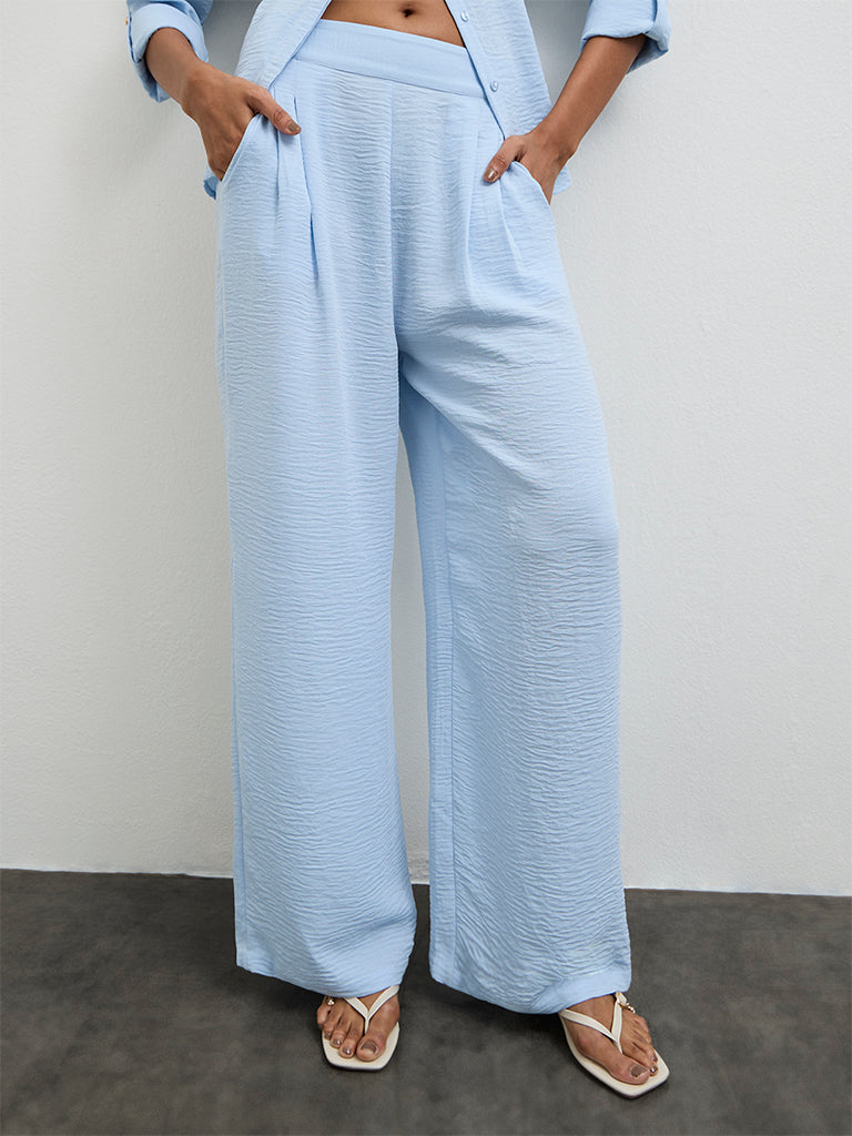 Wardrobe Light Blue Crinkle-Textured High-Rise Trousers