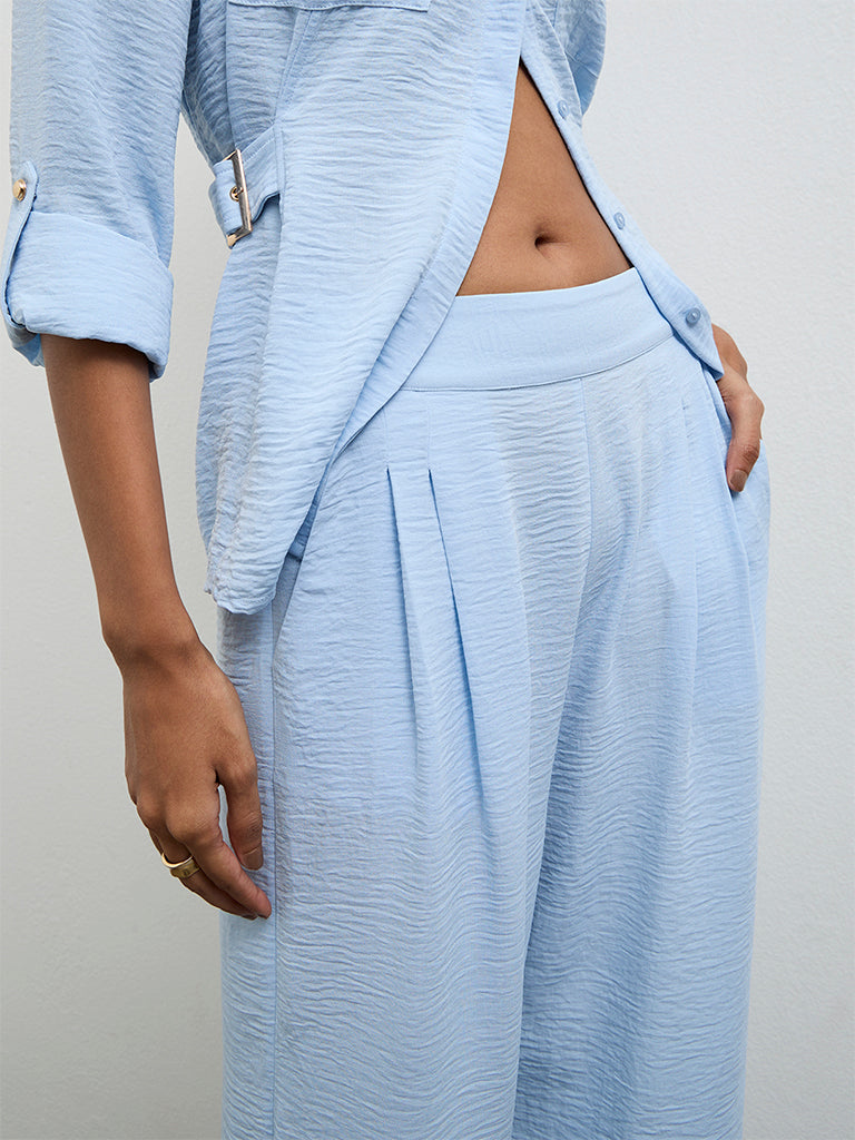 Wardrobe Light Blue Crinkle-Textured High-Rise Trousers