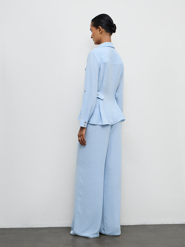 Wardrobe Light Blue Crinkle-Textured High-Rise Trousers