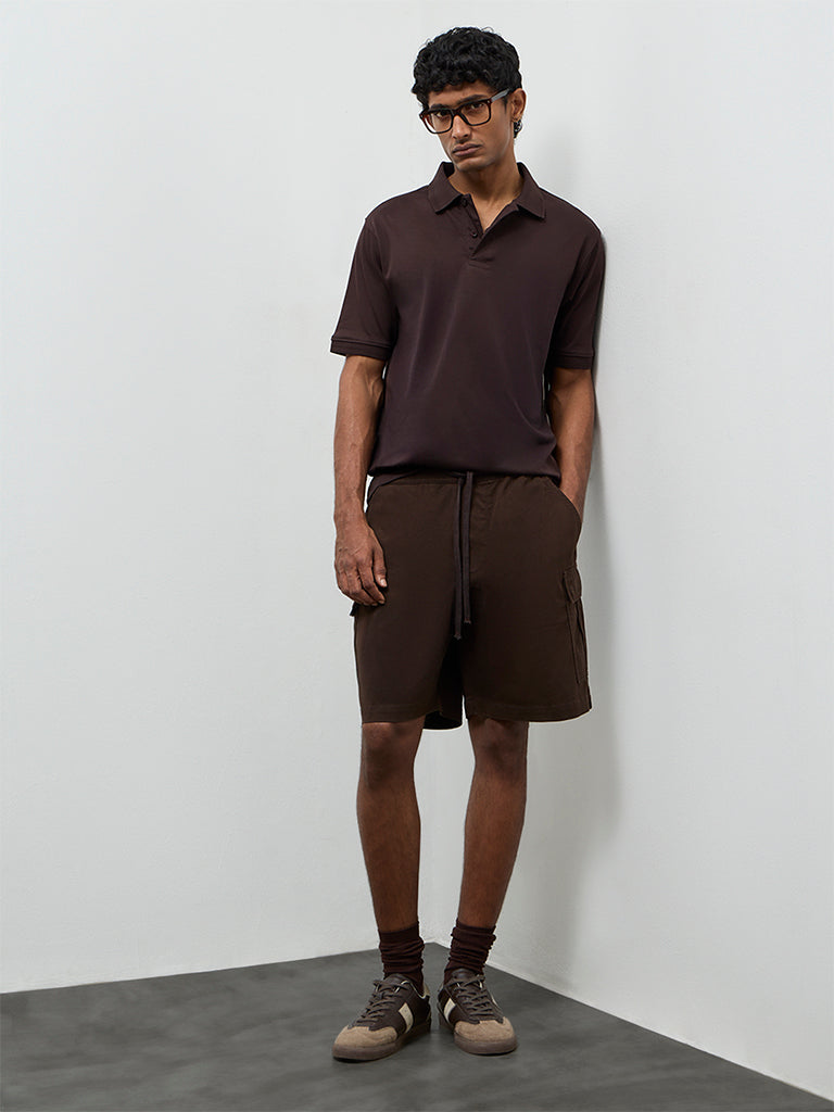 WES Casuals Dark Brown Relaxed-Fit Mid-Rise Cotton Shorts