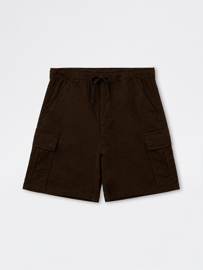 WES Casuals Dark Brown Relaxed-Fit Mid-Rise Cotton Shorts
