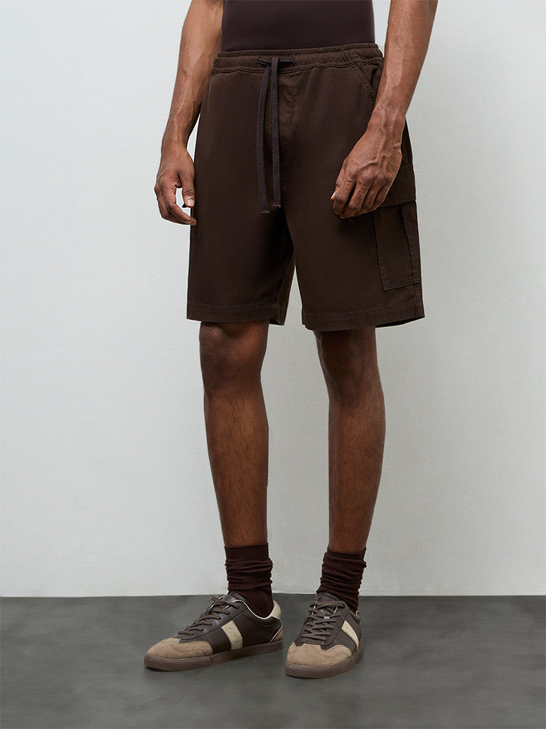 WES Casuals Dark Brown Relaxed-Fit Mid-Rise Cotton Shorts