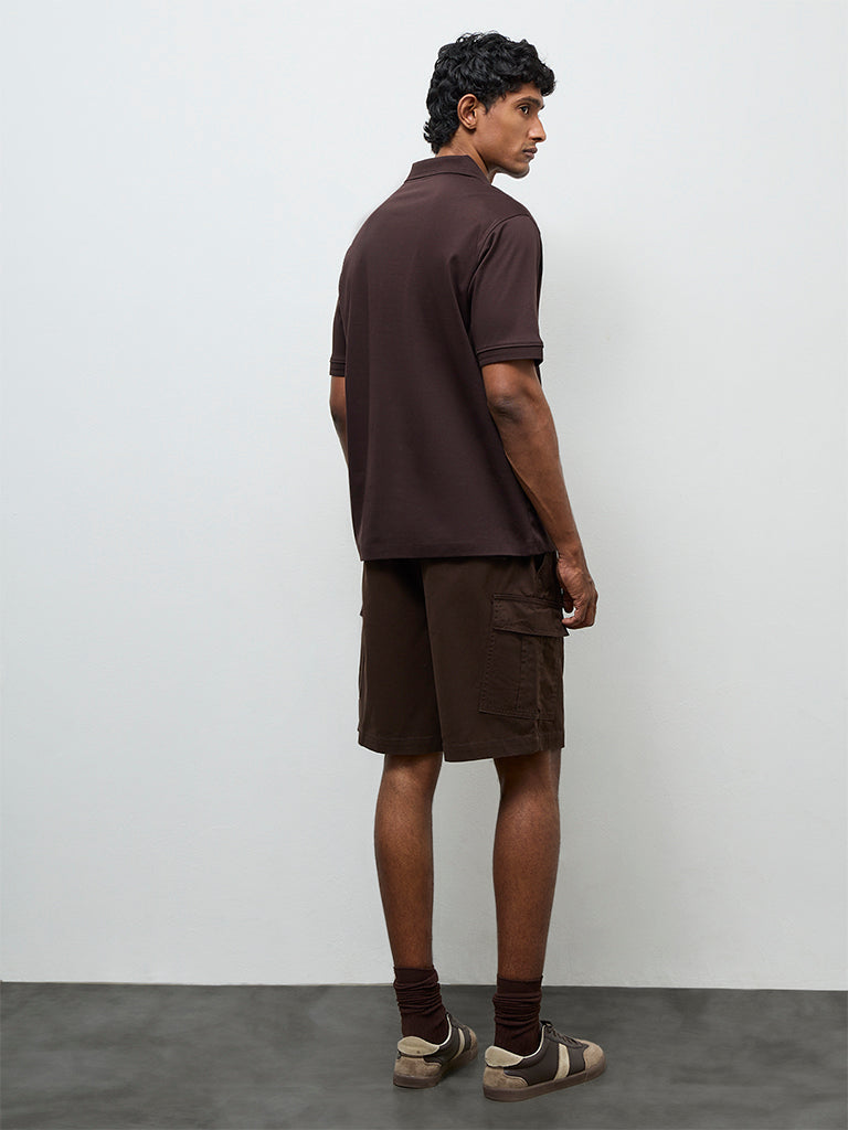 WES Casuals Dark Brown Relaxed-Fit Mid-Rise Cotton Shorts