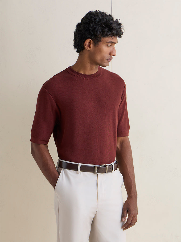 WES Formals Rust Textured Slim-Fit T-Shirt