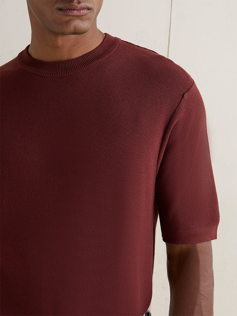 WES Formals Rust Textured Slim-Fit T-Shirt