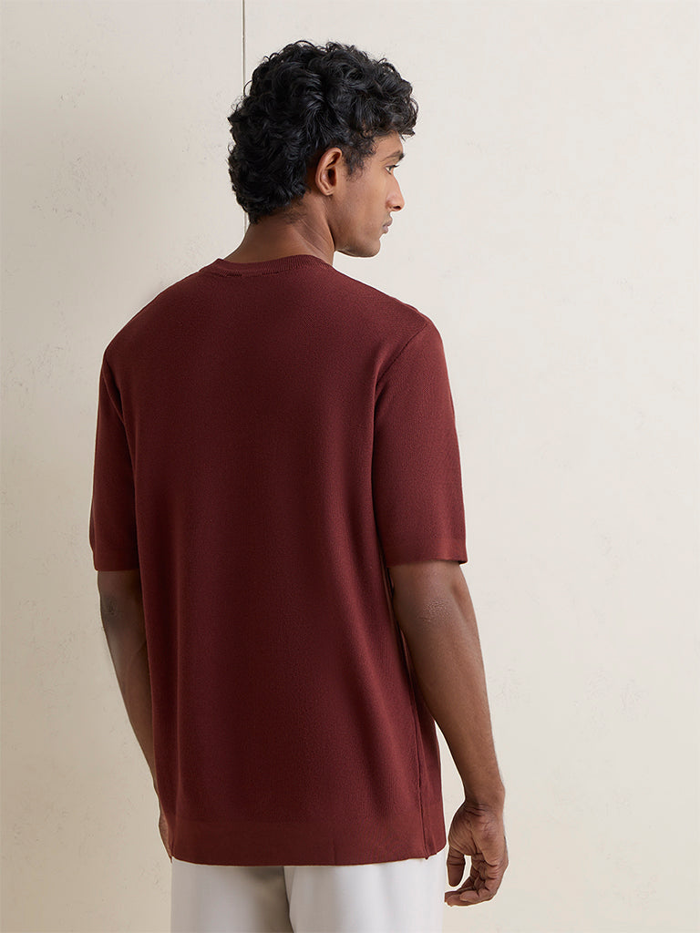 WES Formals Rust Textured Slim-Fit T-Shirt