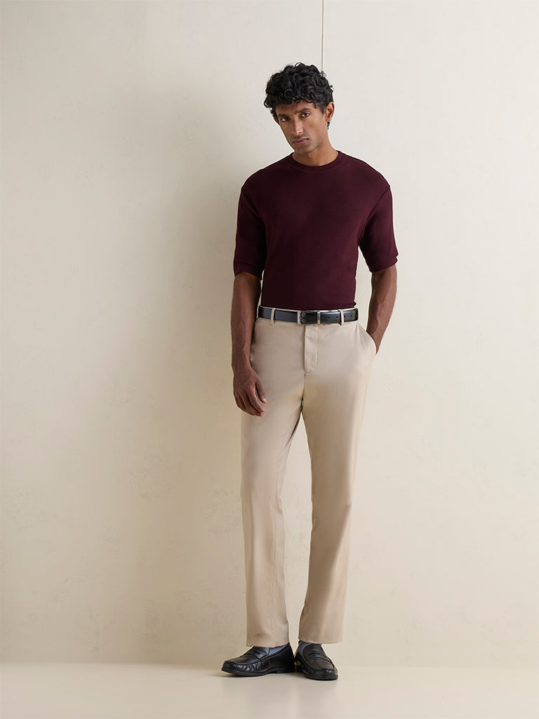 WES Formals Wine Textured Slim-Fit T-Shirt