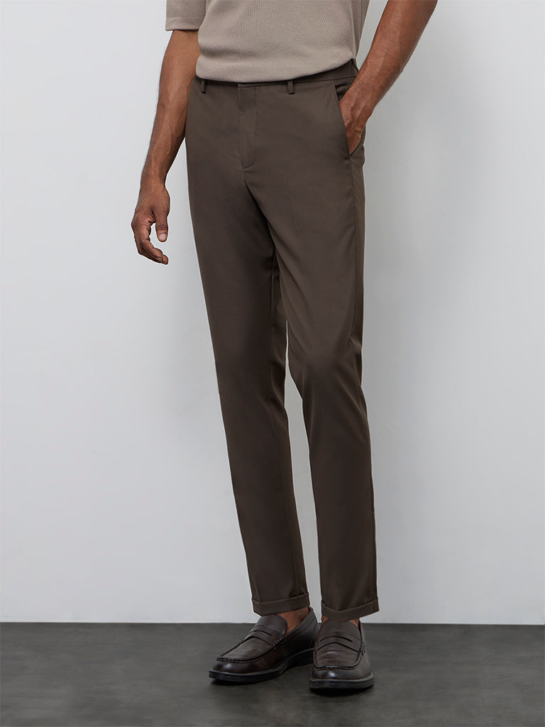 WES Formals Brown Slim-Fit Mid-Rise Trousers