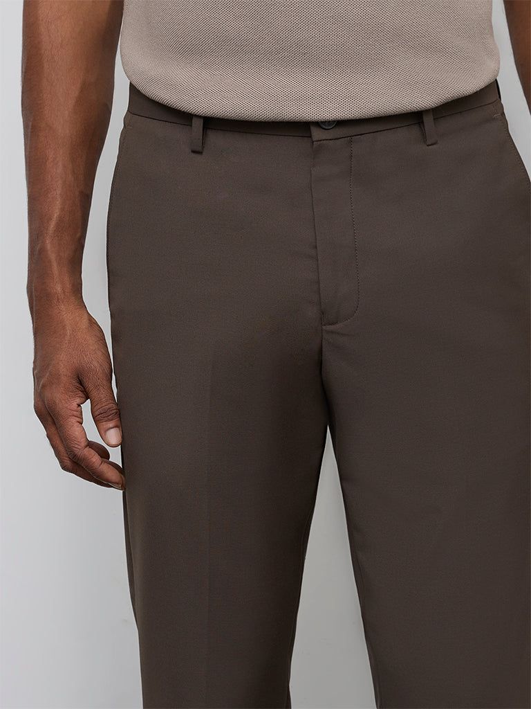 WES Formals Brown Slim-Fit Mid-Rise Trousers