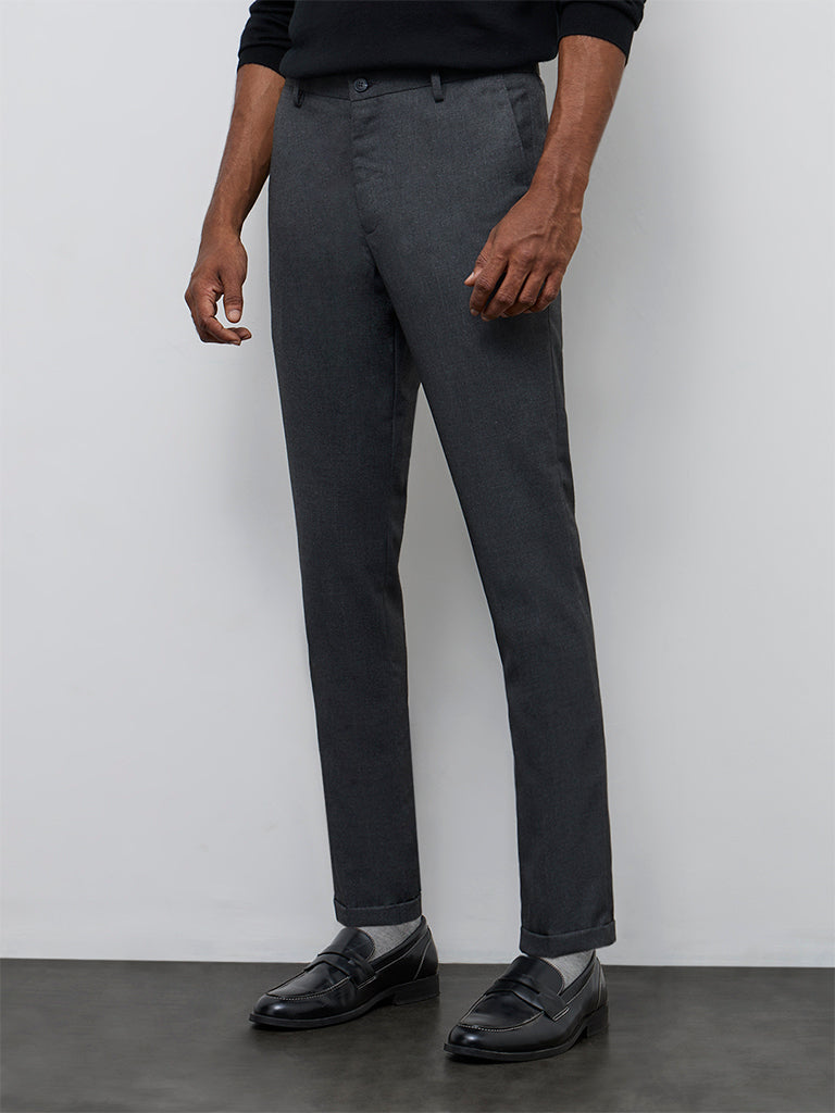 WES Formals Grey Slim-Fit Mid-Rise Trousers