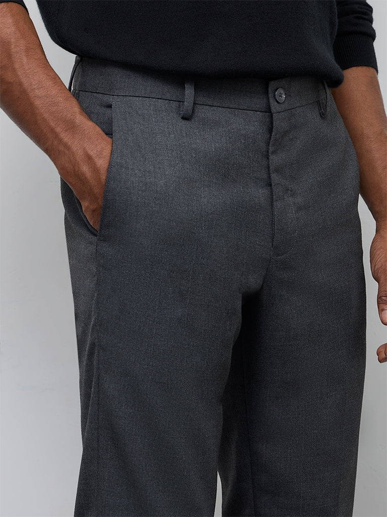 WES Formals Grey Slim-Fit Mid-Rise Trousers