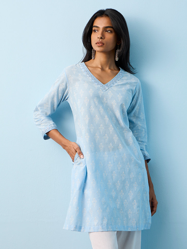 Utsa Blue Jamdani Printed A-Line Cotton Kurta