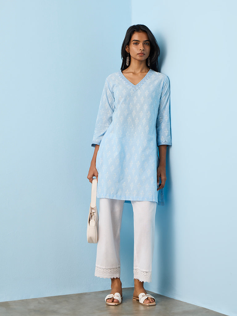 Utsa Blue Jamdani Printed A-Line Cotton Kurta