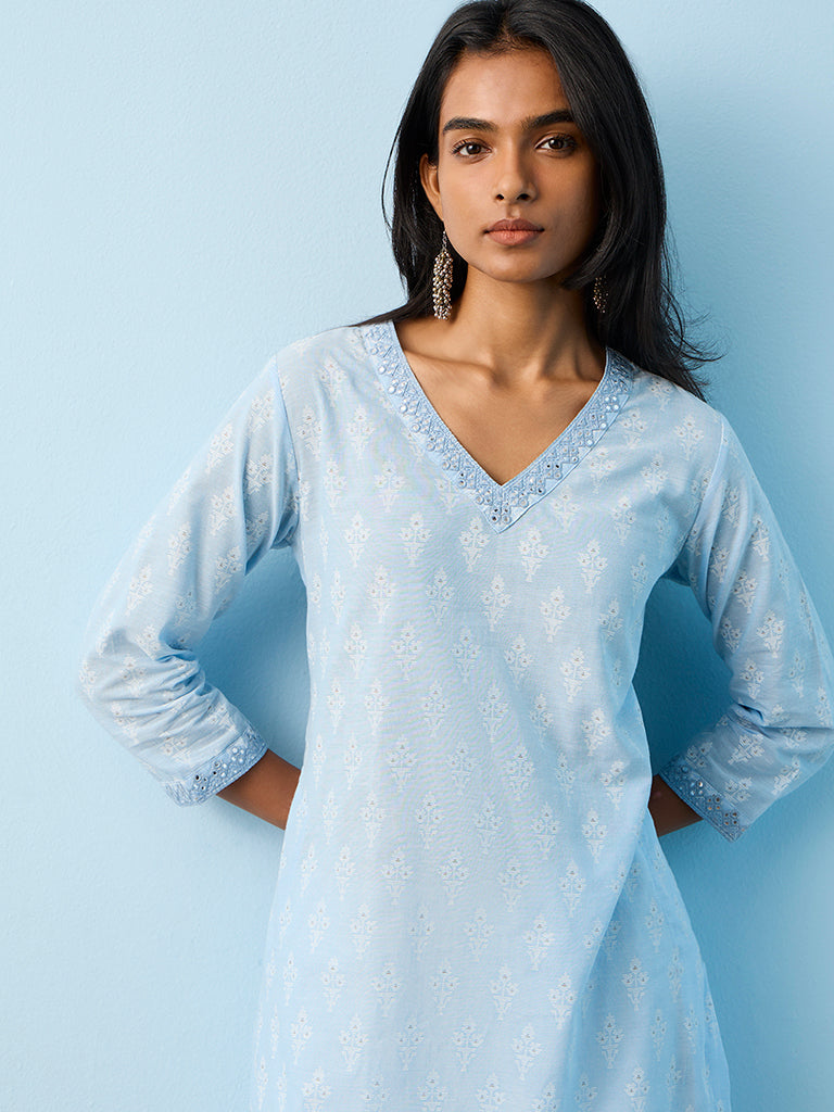 Utsa Blue Jamdani Printed A-Line Cotton Kurta