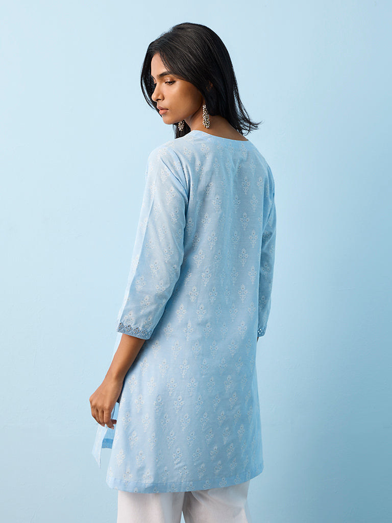 Utsa Blue Jamdani Printed A-Line Cotton Kurta