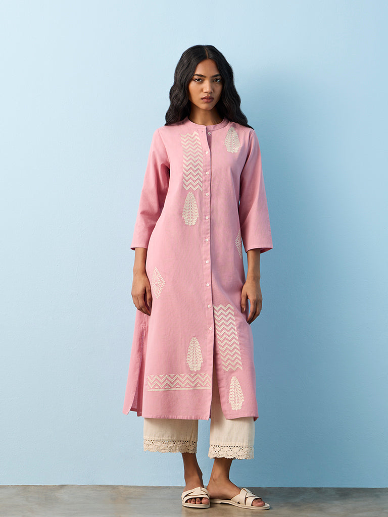 Utsa Pink Embroidered Cotton-Blend A-Line Kurta