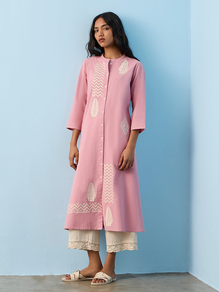 Utsa Pink Embroidered Cotton-Blend A-Line Kurta