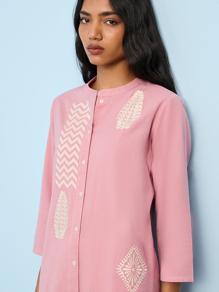 Utsa Pink Embroidered Cotton-Blend A-Line Kurta