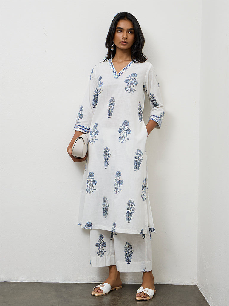 Utsa White Floral Printed Cotton A-Line Kurta