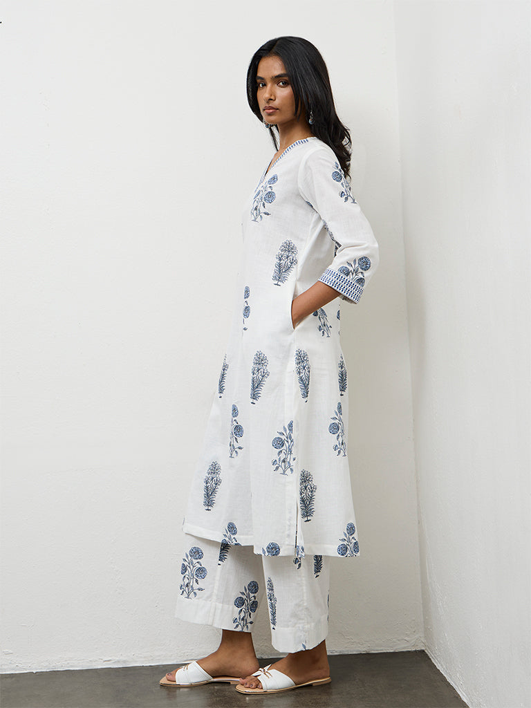 Utsa White Floral Printed Cotton A-Line Kurta