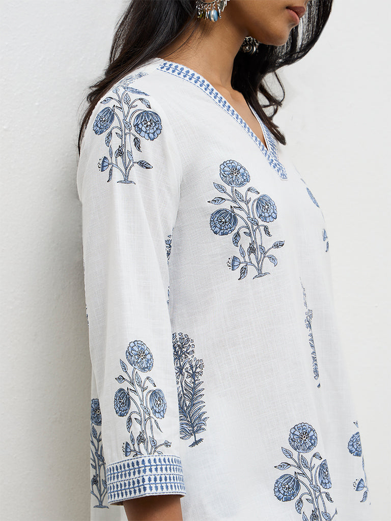 Utsa White Floral Printed Cotton A-Line Kurta