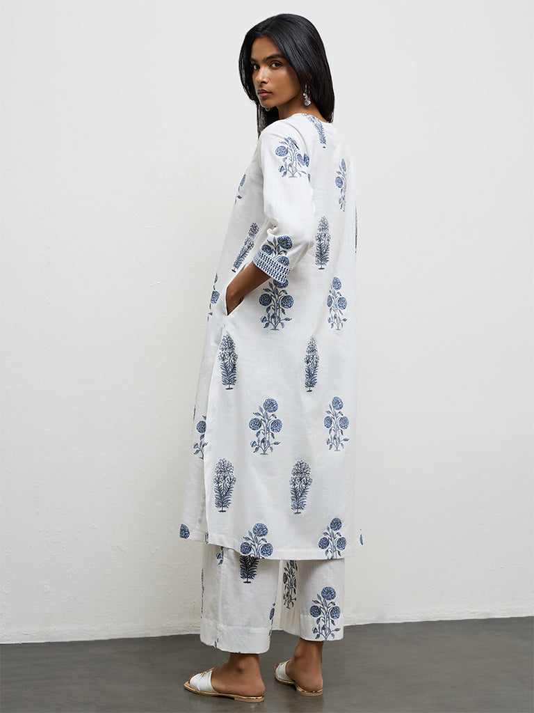 Utsa White Floral Printed Cotton A-Line Kurta